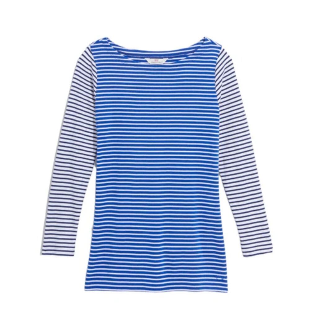VINEYARD VINES blue navy white striped nautical boatneck 3/4 sleeve top shirt